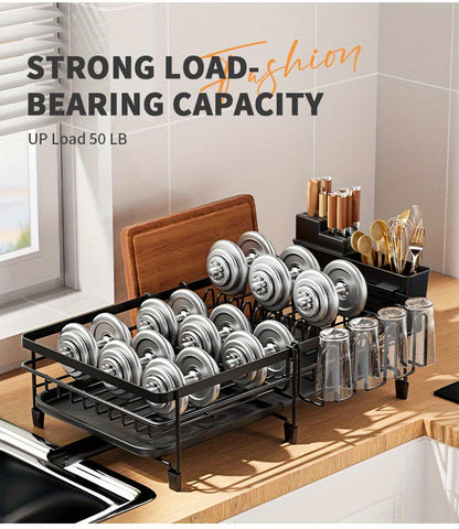 1pc Large Dish Drying Rack, Extendable Dish Rack, Multifunctional Dish Rack For Kitchen Counter, Anti-Rust Drying Dish Rack With Cutlery & Cup Holders, Home Kitchen Accessories