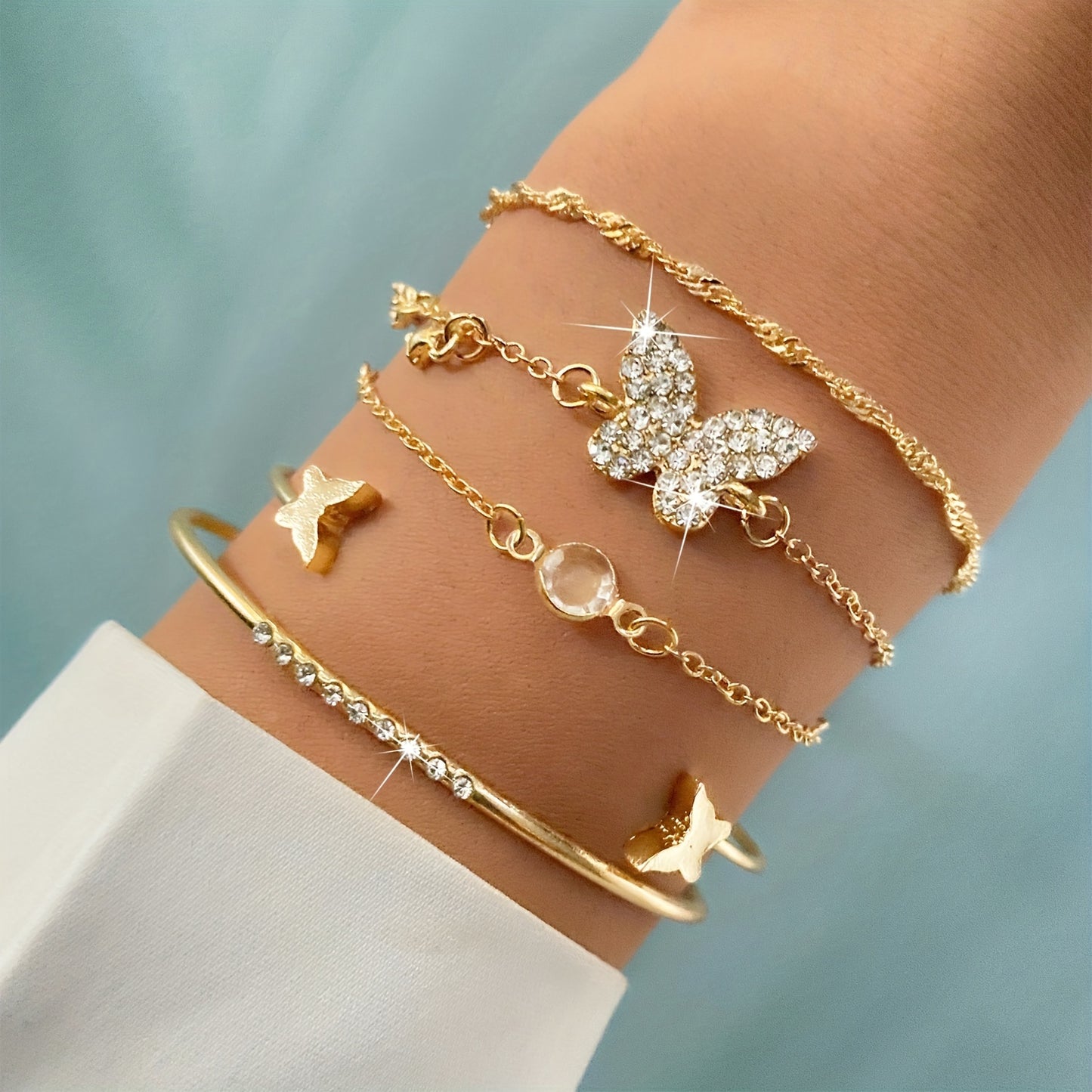 5pcs Elegant Alloy Bracelet Set with Rhinestone Butterfly Charms, Simple Daily & Gift Occasion Jewelry, All-Season Accessory