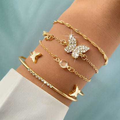 5pcs Elegant Alloy Bracelet Set with Rhinestone Butterfly Charms, Simple Daily & Gift Occasion Jewelry, All-Season Accessory