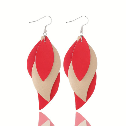 3-layer Leaf Design Retro Dangle Earrings PU Leather Exquisite Gift For Women Daily Casual