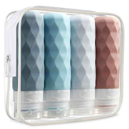 4pcs TSA-Approved Silicone Travel Bottles, 3oz Leak-Proof & Squeezable, Containers in Teal & Green with Chevron Design, Portable Toiletry Accessories for Shampoo, Conditioner, Lotion - Hand Wash Only
