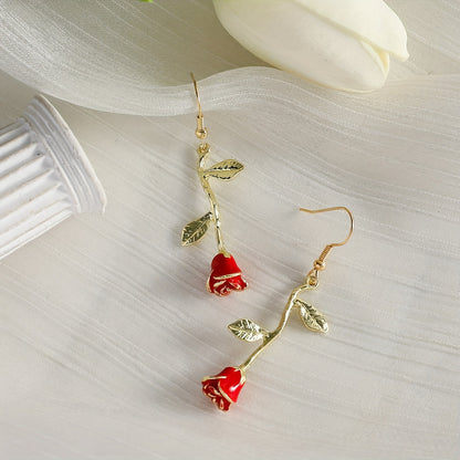 Rose Flower Design Red Dangle Earrings Sexy Cute Style Zinc Alloy Ear Jewelry Wedding Party Ornaments