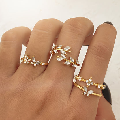 4PCS Dazzling Gemstone Stacking Rings - Adjustable Leaf/Butterfly/Flower Designs - Fashion-Forward Party Accessories for Daily Wear and Mix & Match