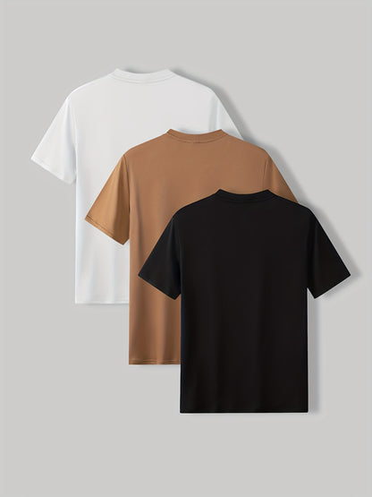 3-Pack Mens Short Sleeve T-shirt Set - Comfortable Solid Stretch, Round Neck, Casual Style - Breathable Summer Clothing for Everyday Wear