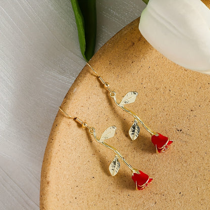 Rose Flower Design Red Dangle Earrings Sexy Cute Style Zinc Alloy Ear Jewelry Wedding Party Ornaments