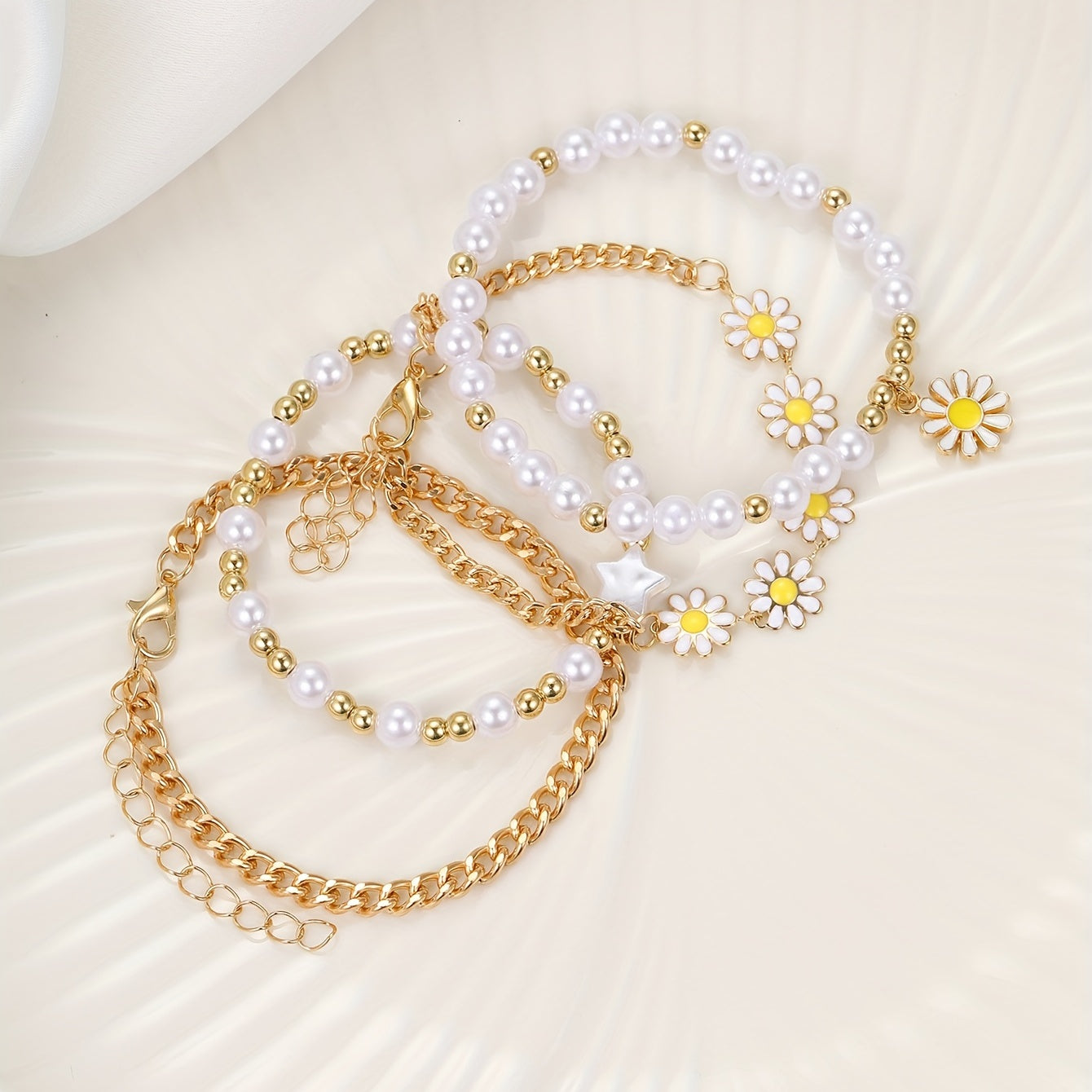 4pcs/Set Delicate Daisy Flower Charm & Faux Pearl Chain Bracelet Alloy Hand Jewelry Gift