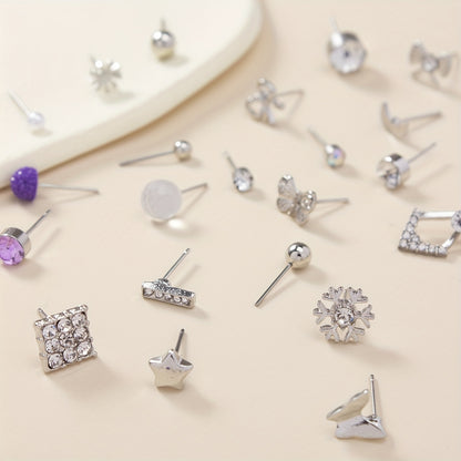 30pairs Love Heart Faux Pearl Rhinestone Flower Butterfly Snowflake Exquisite Simple Stud Earrings Set