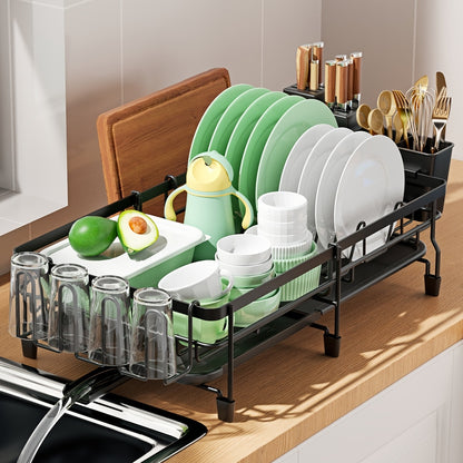 1pc Large Dish Drying Rack, Extendable Dish Rack, Multifunctional Dish Rack For Kitchen Counter, Anti-Rust Drying Dish Rack With Cutlery & Cup Holders, Home Kitchen Accessories