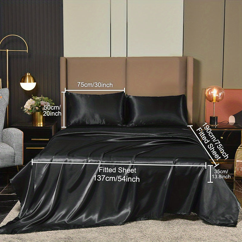 4-Piece Luxurious Satin Bedding Set - Silky Smooth, Breathable Comfort for All Seasons - Ideal for Home and Hotel - Includes Flat Sheet, Elasticized Fitted Sheet, and 2 Pillowcases