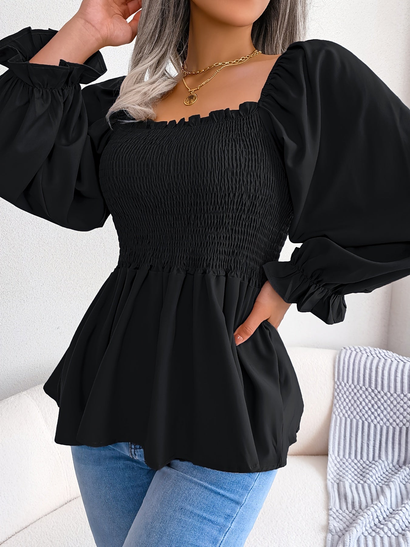 [Chic Blouse] Soft Chiffon Women's Casual Chic Square Neck Blouse | Long Sleeve Top with Flared Sleeves & Ruffled Hem - Solid Color, Machine Washable, Autumn Apparel, Versatile Clothing