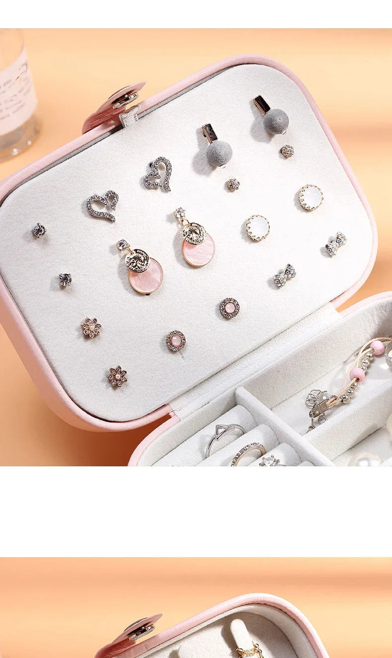 Fashion portable jewelry box jewelry storage rack display travel jewelry box button leather storage zipper jewelry