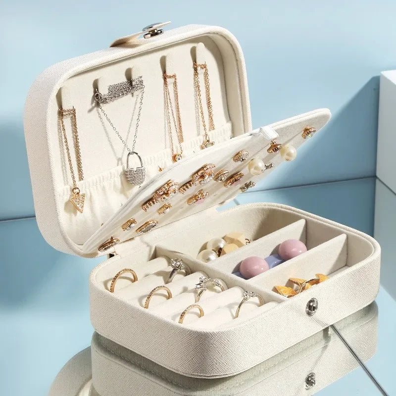 Fashion portable jewelry box jewelry storage rack display travel jewelry box button leather storage zipper jewelry
