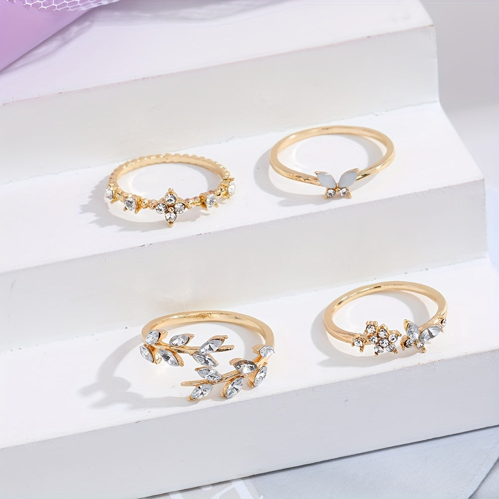 4PCS Dazzling Gemstone Stacking Rings - Adjustable Leaf/Butterfly/Flower Designs - Fashion-Forward Party Accessories for Daily Wear and Mix & Match