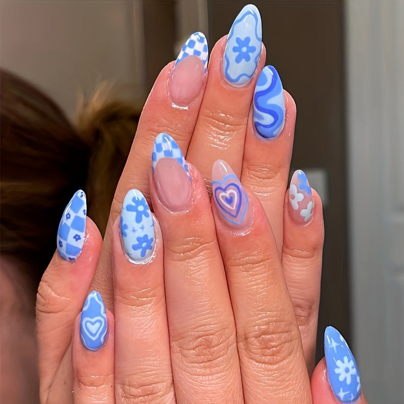 24Pcs Almond Shape Red French Press On Nails - Medium Length, Golden Wave, Matte Finish, Full Cover, Heart-Shaped, Artificial Acrylic Nails for Women and Girls - Perfect Valentine Nail Decoration, Easy to Apply, Long-Lasting,