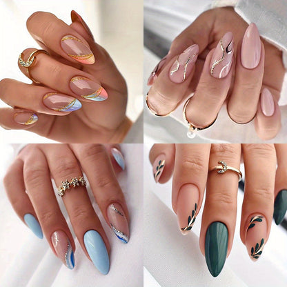 4 Packs (96 Pcs) Glitter Swirl Press On Nails, Mixed French Fake Nails With Green Leaves Design, Medium Almond Glue On Nails Set With Adhesive Tabs Nail File For Women