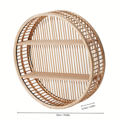 1pc, Round Bamboo Wall Shelf, Rustic Handmade Circular Wall Hanging, Retro Style, Multi-Tiered Home Decor, Lightweight Storage And Display, Versatile For Home & Office Use