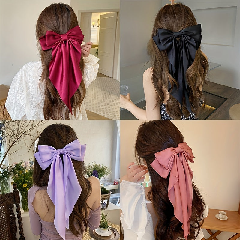 Korean Style Large Red Bow Hair Clip for Women - Long Ribbon Butterfly Hair Accessory with Secure Hold, Elegant Hairpin for Long Hair, Versatile for Casual & Formal Events, Hair Accessories, Formal Hairpiece, Sophisticated De