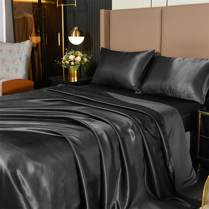 4-Piece Luxurious Satin Bedding Set - Silky Smooth, Breathable Comfort for All Seasons - Ideal for Home and Hotel - Includes Flat Sheet, Elasticized Fitted Sheet, and 2 Pillowcases