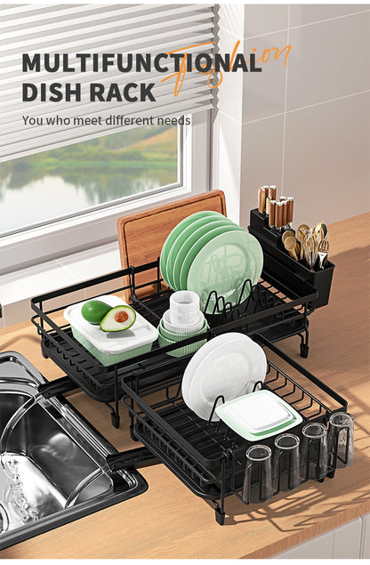 1pc Large Dish Drying Rack, Extendable Dish Rack, Multifunctional Dish Rack For Kitchen Counter, Anti-Rust Drying Dish Rack With Cutlery & Cup Holders, Home Kitchen Accessories