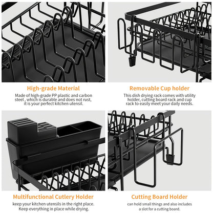 1pc Large Dish Drying Rack, Extendable Dish Rack, Multifunctional Dish Rack For Kitchen Counter, Anti-Rust Drying Dish Rack With Cutlery & Cup Holders, Home Kitchen Accessories