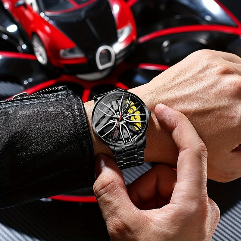 1pc Men's Watch, Car Wheel Hub Caliper Luminous Steel Band Three-dimensional Hollow Sports Wrist Watch, Ideal choice for Gifts