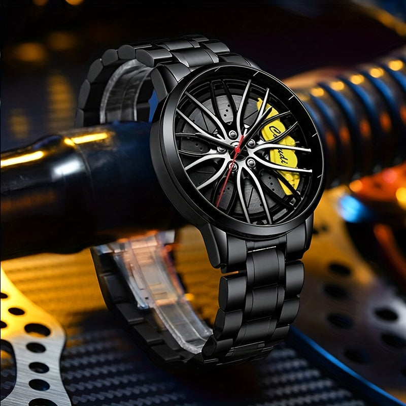 1pc Men's Watch, Car Wheel Hub Caliper Luminous Steel Band Three-dimensional Hollow Sports Wrist Watch, Ideal choice for Gifts
