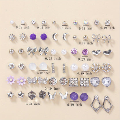 30pairs Love Heart Faux Pearl Rhinestone Flower Butterfly Snowflake Exquisite Simple Stud Earrings Set