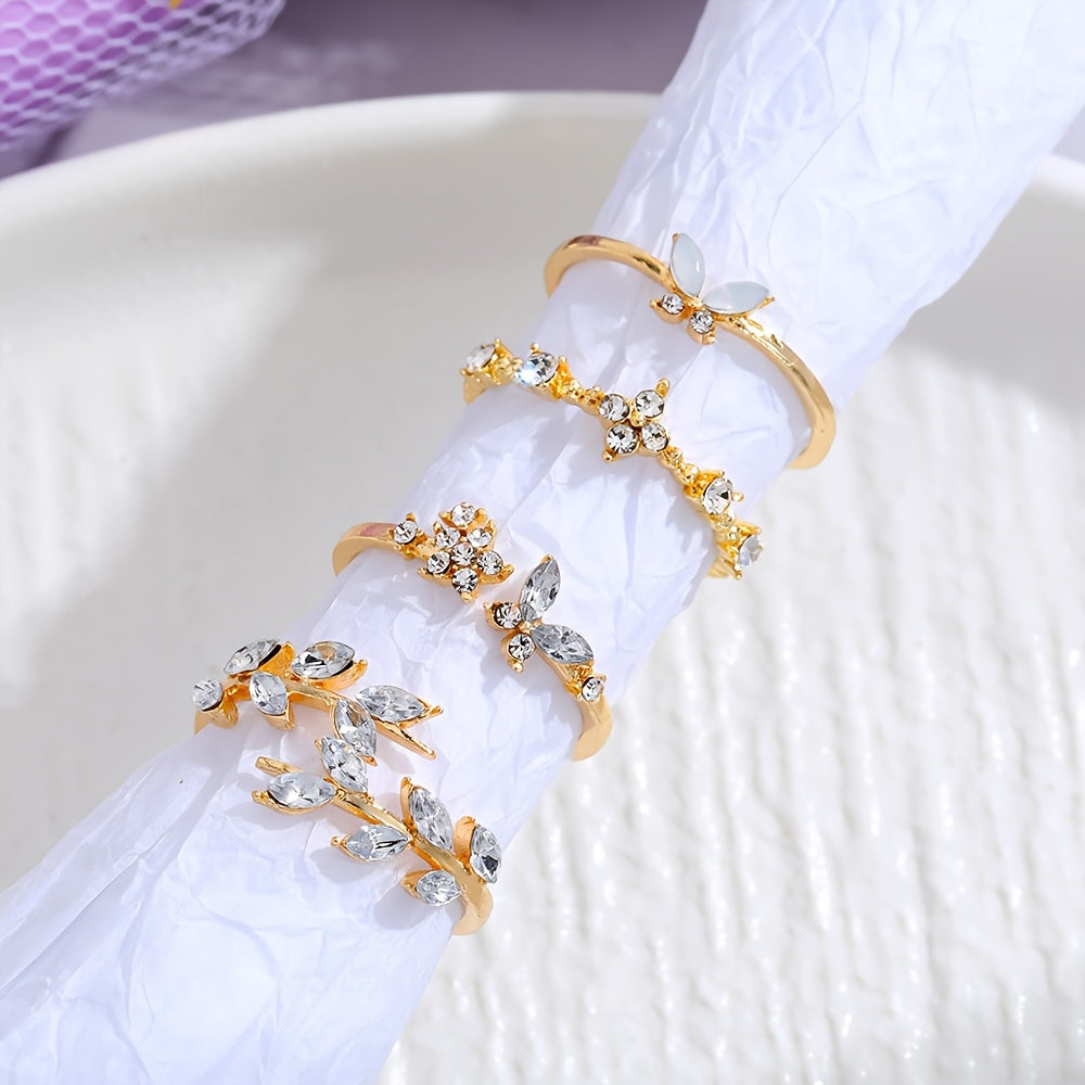 4PCS Dazzling Gemstone Stacking Rings - Adjustable Leaf/Butterfly/Flower Designs - Fashion-Forward Party Accessories for Daily Wear and Mix & Match