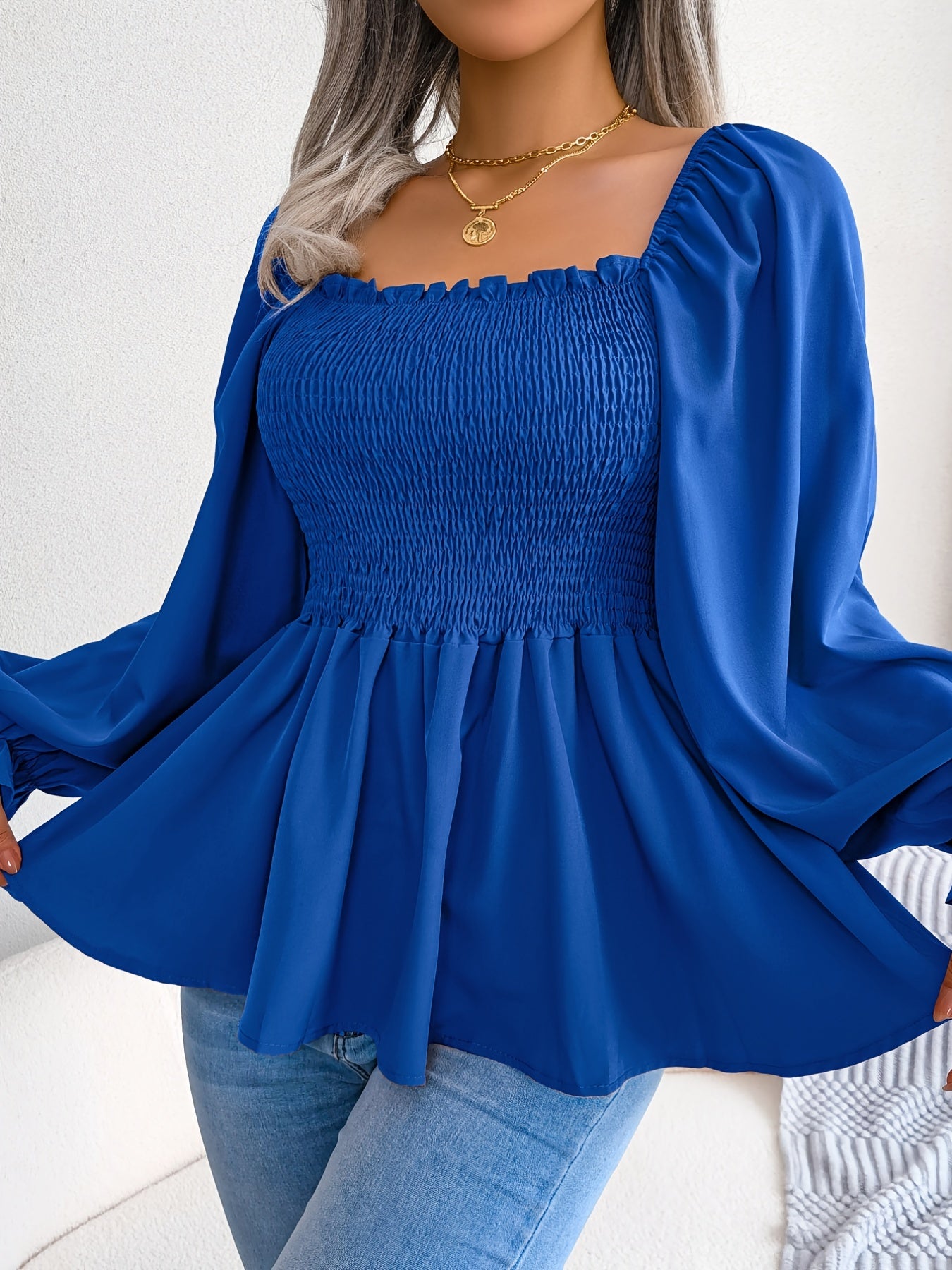 [Chic Blouse] Soft Chiffon Women's Casual Chic Square Neck Blouse | Long Sleeve Top with Flared Sleeves & Ruffled Hem - Solid Color, Machine Washable, Autumn Apparel, Versatile Clothing