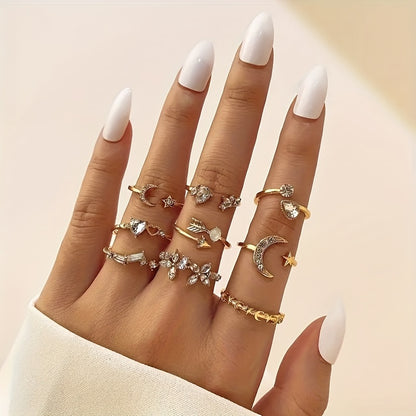 9-Piece Shimmering Rhinestone Knuckle Ring Set - Elegant Alloy Stackable Rings with Inlaid Design for Party Favors, Wedding Gifts, and Everyday Wear
