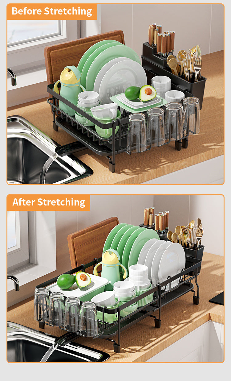 1pc Large Dish Drying Rack, Extendable Dish Rack, Multifunctional Dish Rack For Kitchen Counter, Anti-Rust Drying Dish Rack With Cutlery & Cup Holders, Home Kitchen Accessories