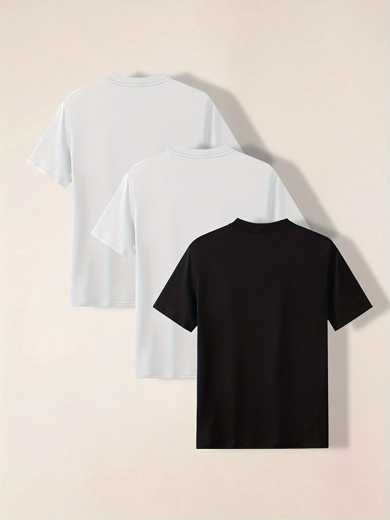 3-Pack Mens Short Sleeve T-shirt Set - Comfortable Solid Stretch, Round Neck, Casual Style - Breathable Summer Clothing for Everyday Wear