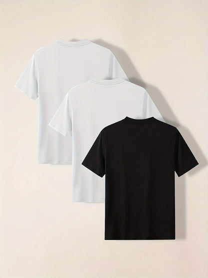 3-Pack Mens Short Sleeve T-shirt Set - Comfortable Solid Stretch, Round Neck, Casual Style - Breathable Summer Clothing for Everyday Wear