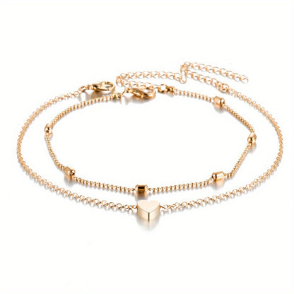 Elegant Double-Layered Beaded Heart Anklet for Women - Golden-Tone Alloy with Floating Beads, Perfect for Summer Beach & Casual Attire
