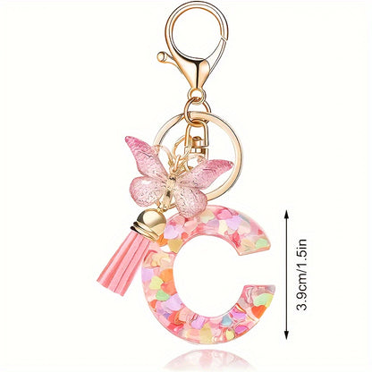 Alphabet Initial Letter Keychain Cute Butterfly Key Chain Ring Purse Bag Backpack Charm Earbud Case Cover Accessories Women Gift