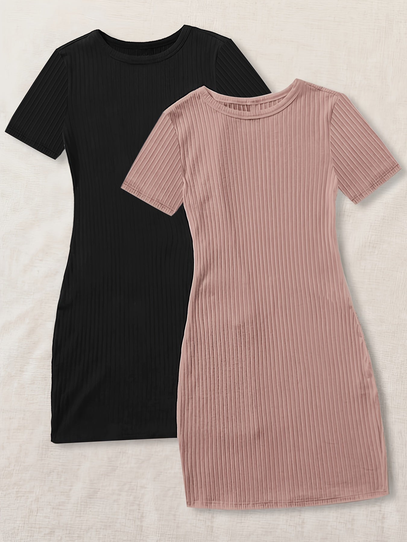 Solid 2 Packs Dresses, Casual Crew Neck Short Sleeve Dress, Women's Clothing