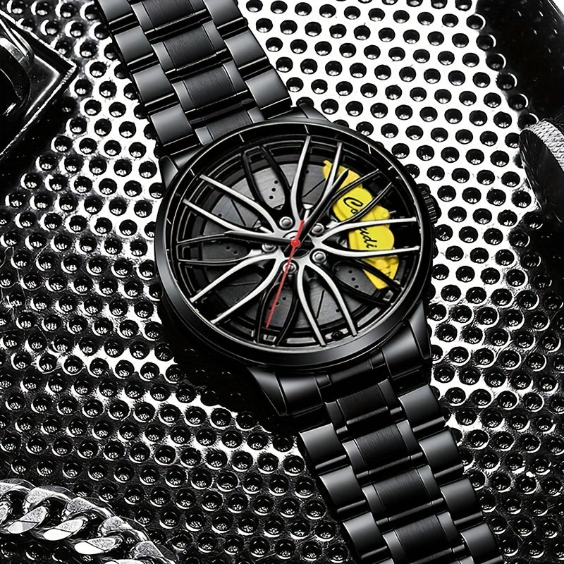 1pc Men's Watch, Car Wheel Hub Caliper Luminous Steel Band Three-dimensional Hollow Sports Wrist Watch, Ideal choice for Gifts