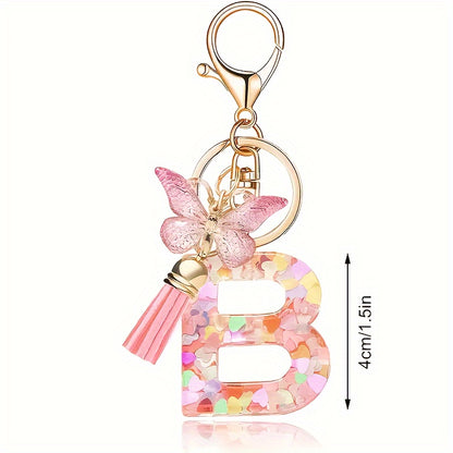 Alphabet Initial Letter Keychain Cute Butterfly Key Chain Ring Purse Bag Backpack Charm Earbud Case Cover Accessories Women Gift