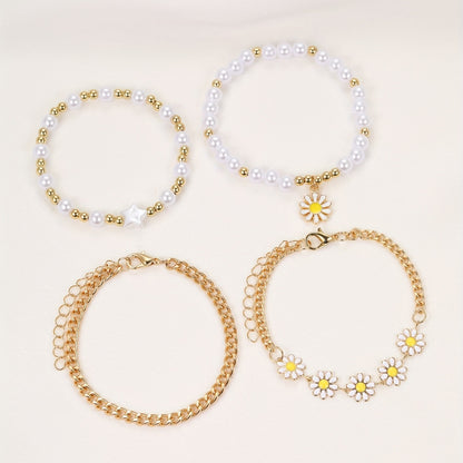 4pcs/Set Delicate Daisy Flower Charm & Faux Pearl Chain Bracelet Alloy Hand Jewelry Gift