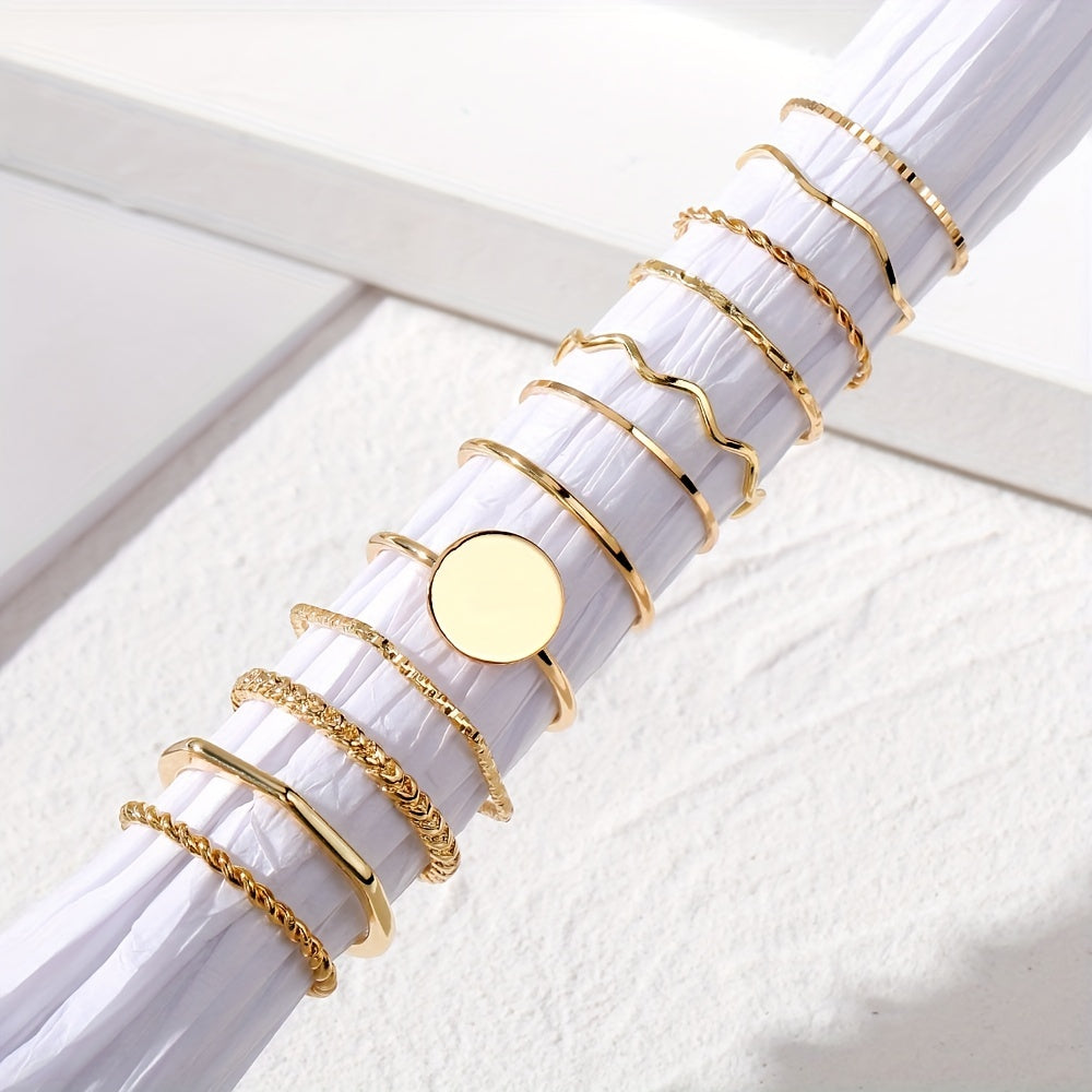 12pc Y2k Stacking Rings Set - Fashionable Wave, Intertwined, Minimalist Bands - Versatile Mix & Match for Daily Glam & Parties