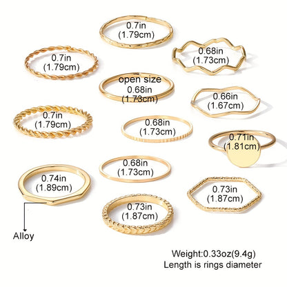 12pc Y2k Stacking Rings Set - Fashionable Wave, Intertwined, Minimalist Bands - Versatile Mix & Match for Daily Glam & Parties