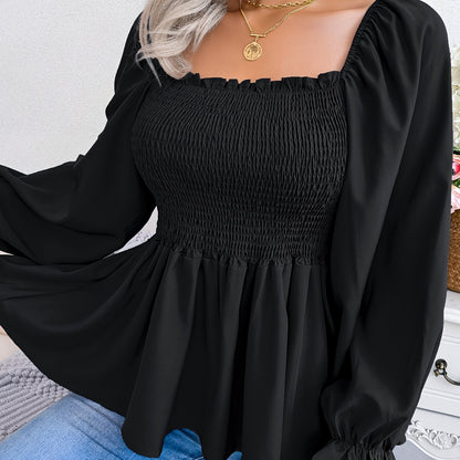[Chic Blouse] Soft Chiffon Women's Casual Chic Square Neck Blouse | Long Sleeve Top with Flared Sleeves & Ruffled Hem - Solid Color, Machine Washable, Autumn Apparel, Versatile Clothing