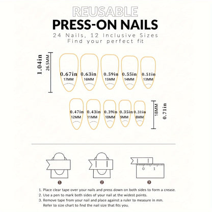 24Pcs Almond Shape Red French Press On Nails - Medium Length, Golden Wave, Matte Finish, Full Cover, Heart-Shaped, Artificial Acrylic Nails for Women and Girls - Perfect Valentine Nail Decoration, Easy to Apply, Long-Lasting,