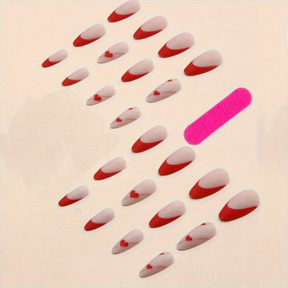 24Pcs Almond Shape Red French Press On Nails - Medium Length, Golden Wave, Matte Finish, Full Cover, Heart-Shaped, Artificial Acrylic Nails for Women and Girls - Perfect Valentine Nail Decoration, Easy to Apply, Long-Lasting,