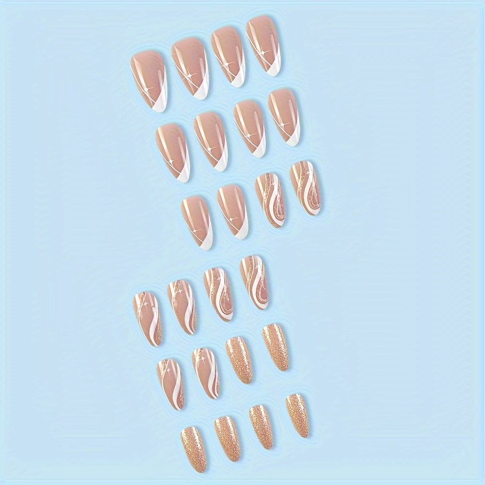 Almond Press On Nails Medium French Tips Fake Nails Golden Lines Glitter Fake Glossy Full Cover Acrylic Nails Stick On Nails False Nails For Women&Girls 24pcs