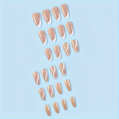 Almond Press On Nails Medium French Tips Fake Nails Golden Lines Glitter Fake Glossy Full Cover Acrylic Nails Stick On Nails False Nails For Women&Girls 24pcs
