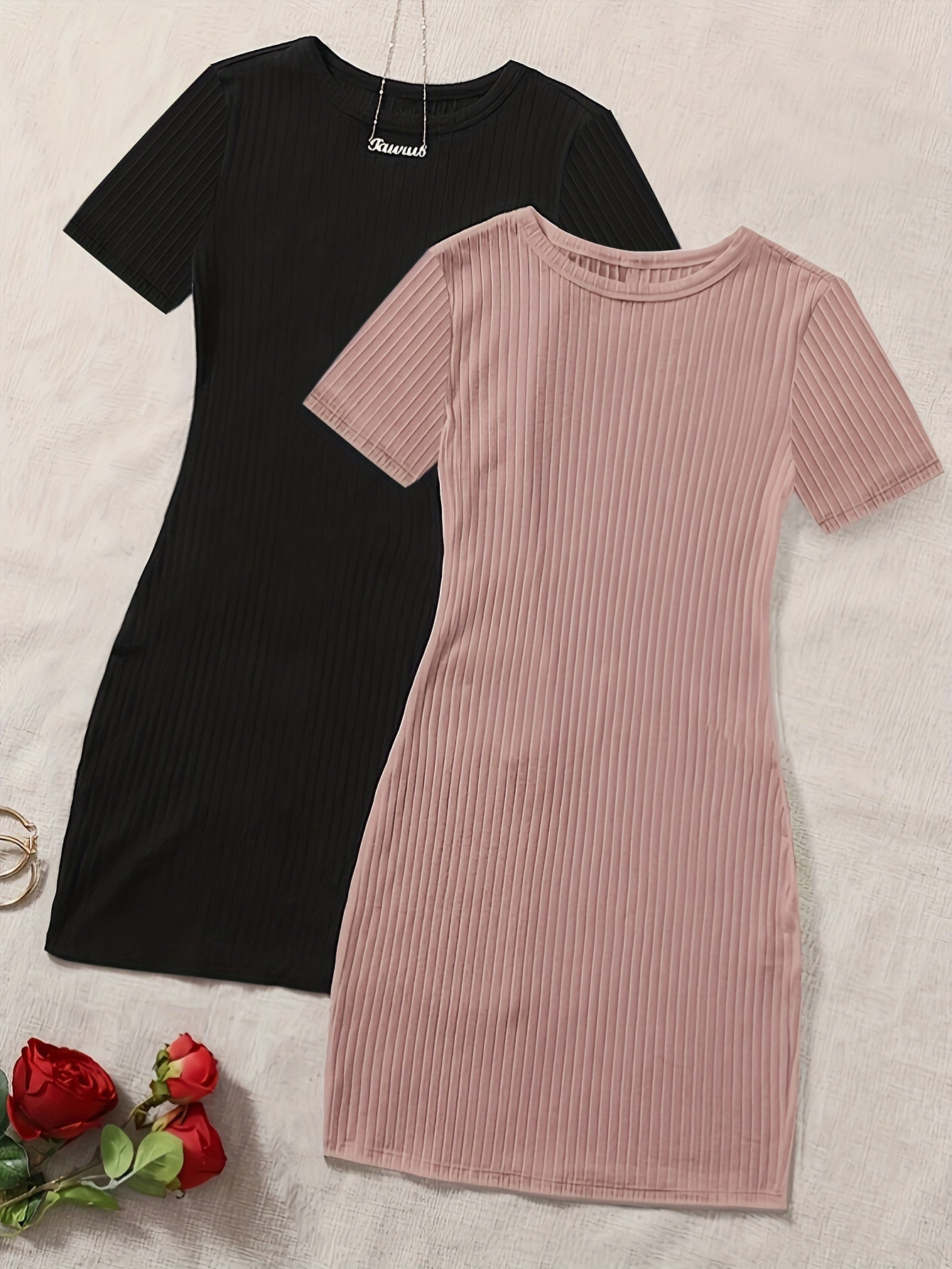 Solid 2 Packs Dresses, Casual Crew Neck Short Sleeve Dress, Women's Clothing