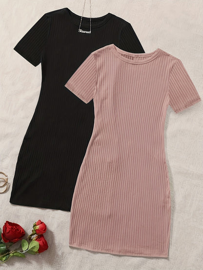 Solid 2 Packs Dresses, Casual Crew Neck Short Sleeve Dress, Women's Clothing