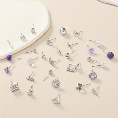 30pairs Love Heart Faux Pearl Rhinestone Flower Butterfly Snowflake Exquisite Simple Stud Earrings Set