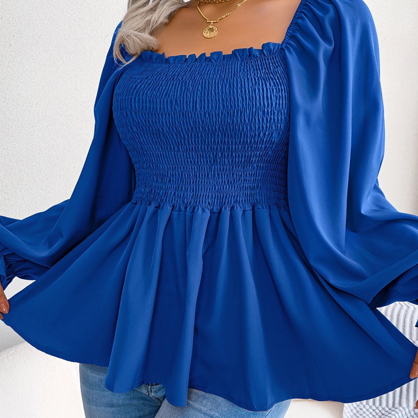 [Chic Blouse] Soft Chiffon Women's Casual Chic Square Neck Blouse | Long Sleeve Top with Flared Sleeves & Ruffled Hem - Solid Color, Machine Washable, Autumn Apparel, Versatile Clothing